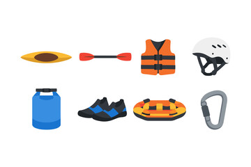 Collection of water sports and adventure gear icons on a white background