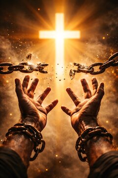 Hands in chains reaching for glowing cross, symbolizing freedom and salvation