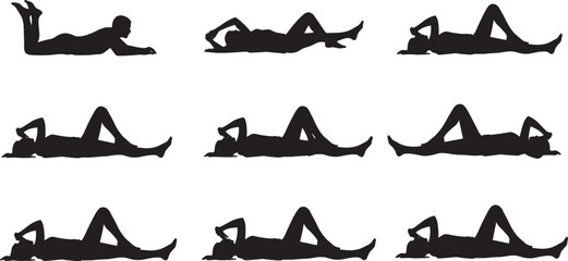 Large set of black silhouettes showing various people in lying down and resting positions on floor isolated on white background for health and relaxation. © Best Design221