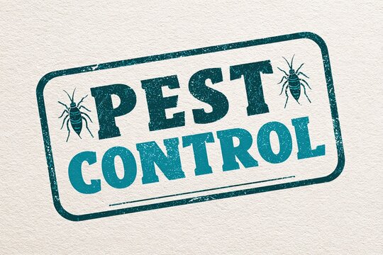 Bold pest control stamp design featuring distressed typography and insect illustrations, suitable for pest management branding and marketing materials