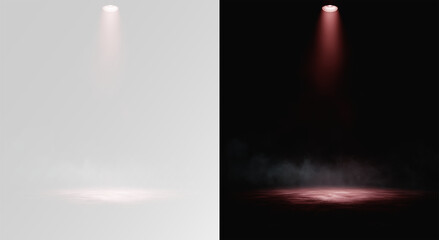 Obraz premium Realistic red spotlight with lamp source and smoke fog effect isolated, overlay spotlight with red gas png