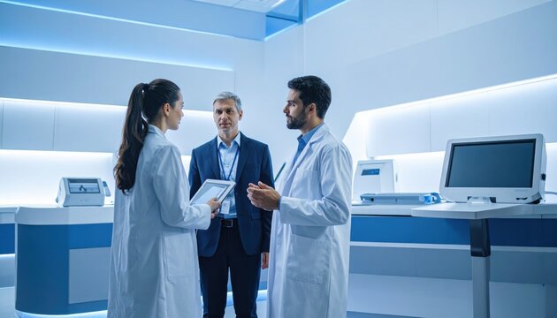 Medical sales representatives in a hospital laboratory discussing new equipment with professionals