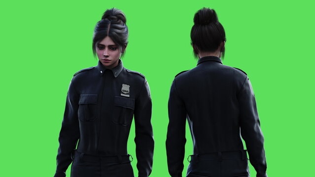 female police officer idle. Green screen isolate. 3d rendering.