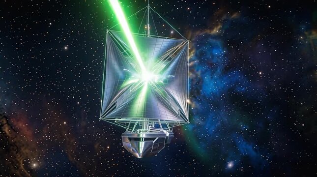 Futuristic spaceship sails through starry nebula absorbing green energy beam interstellar travel concept.