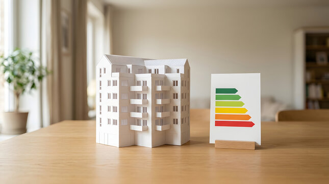 Miniature apartment building next to an energy label, highlighting property energy rating for residential real estate evaluation