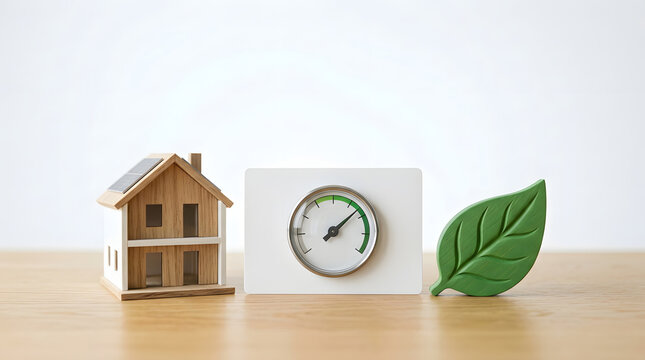 Wooden house model with a gauge and leaf, representing green building, sustainable housing, and improved energy performance