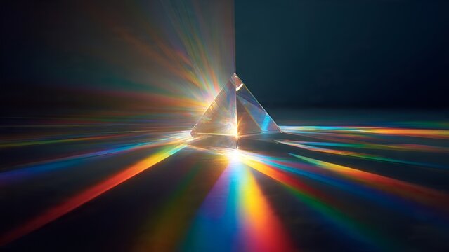 Vibrant light rays scatter from a triangular prism, creating a stunning spectrum of colors on a dark background, illustrating the science of light refraction