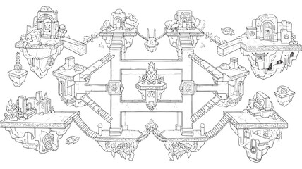 Fototapeta premium A detailed black and white illustration of a multi-level maze with staircases, platforms, and architectural details, ideal for adult coloring books, relaxation, and creative expression.