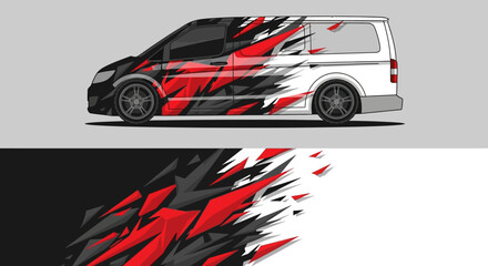 Two-tone graphic-wrapped van with red and black momentum design. © Lailatul