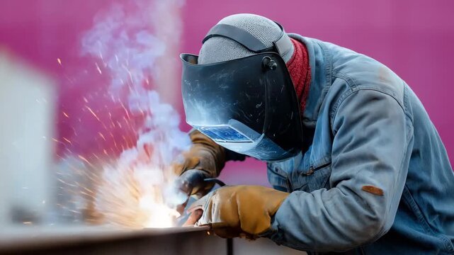 Skilled worker welding metal with sparks and smoke in dynamic closeup sequence