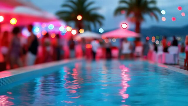 Blurred poolside party with colorful lights and tropical vibes in motion