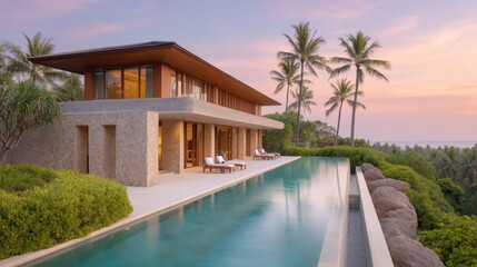 Fototapeta premium Modern Tropical Villa with Infinity Pool Overlooking Ocean during Sunset Surrounded by Lush Palm Trees