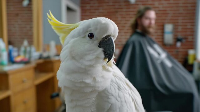 Cockatoo in barber shop: curious parrot watching haircut process