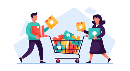 Two shoppers push a colorful grocery cart in a lively urban street scene.