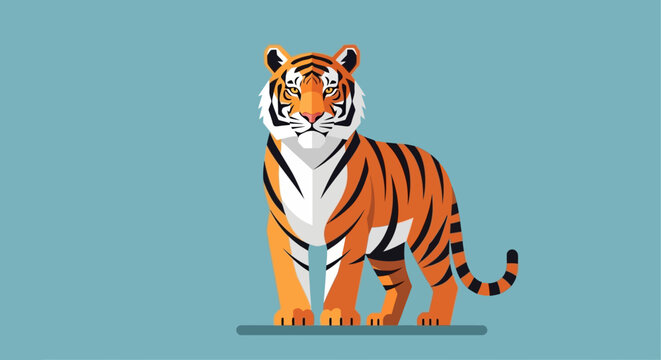 Cartoon tiger standing on a blue background, a bright orange feline illustration with bold stripes.
