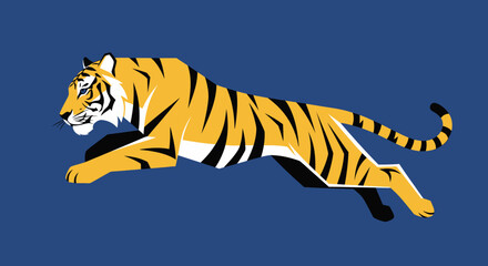 Dynamic orange tiger in mid stride across a blue background.