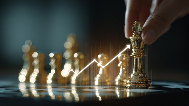 Business strategy and leadership, with hand placing a golden king chess piece on a board. Strategic decision making and business success. Leadership, investment, outmaneuvering competitors, growth. 