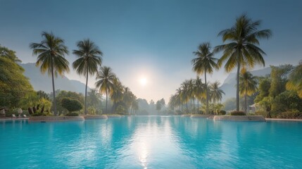 Obraz premium Serene Morning at a Tropical Pool with Palm Trees Under Clear Sky and Soft Sunlight Reflecting on Calm Water Surface