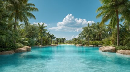 Obraz premium Tranquil Tropical Paradise with Clear Blue Water and Lush Palm Trees Under a Bright Blue Sky