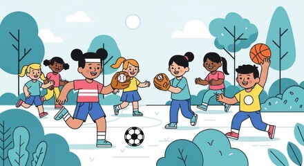 Fototapeta premium Children playing various sports in a park with ball games and healthy activity
