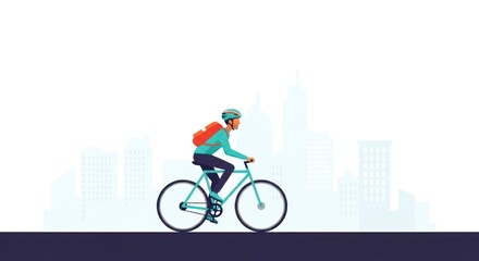 Cyclist riding bicycle against city skyline background in flat illustration