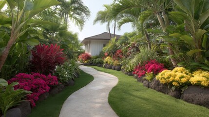 Fototapeta premium Lush Tropical Garden Pathway with Colorful Flowers and Green Foliage in a Serene and Relaxing Environment
