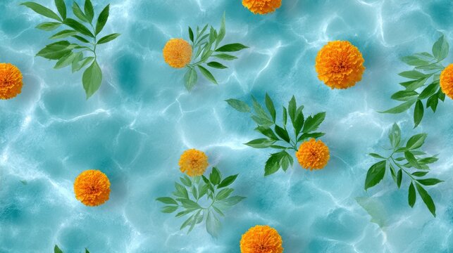 watercolor botanical pattern, a loose watercolor background pattern with aqua blue and turquoise, featuring floating marigold and jasmine flowers textured paper creates a natural, calming look