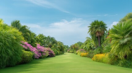 Obraz premium Lush Green Landscape with Colorful Flowers and Clear Blue Sky in a Tropical Garden Setting