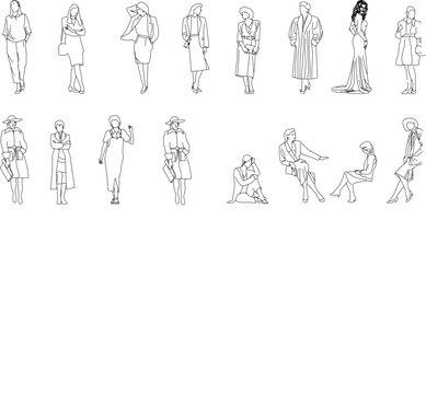Technical illustration showing various human figure silhouettes in different poses and fashion styles including standing, walking, sitting with coats, dresses and bags.
