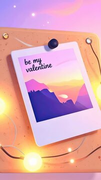3D illustration of an instant photo with Be My Valentine text pinned to a corkboard with glowing string lights against a dreamy pastel background (Vertical Video)