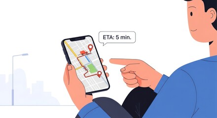 Man using smartphone with map navigation for transportation eta information