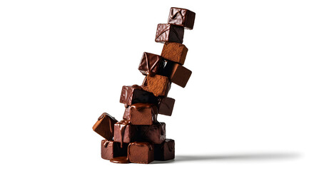 A delicious stack of broken dark and milk chocolate pieces with cocoa blocks isolated on a white background for a sweet dessert snack