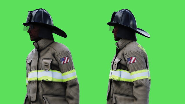 Fire fighter idle. Green screen isolate. 3d rendering.