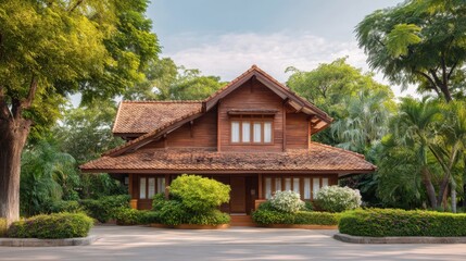 Fototapeta premium Charming wooden house surrounded by lush greenery in a serene setting showcasing beautiful architectural design and landscaping