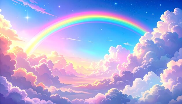 Vibrant Rainbow Arches Over Fluffy Clouds in a Dreamy Sky.