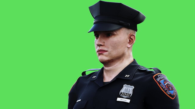 Police man idle. Green screen isolate. 3d rendering.