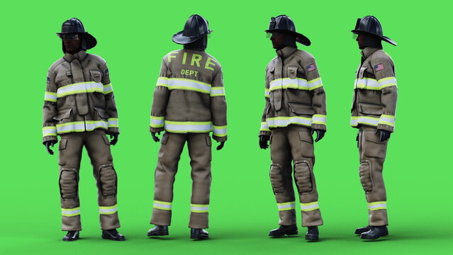 Fire fighter idle. Green screen isolate. 3d rendering.