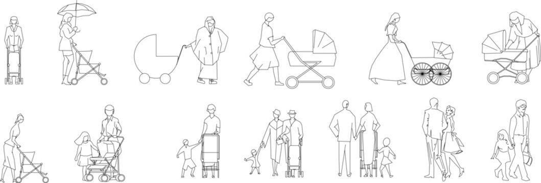 Technical illustration showing various human figures with baby strollers and prams in different styles including vintage and modern designs, families with children
