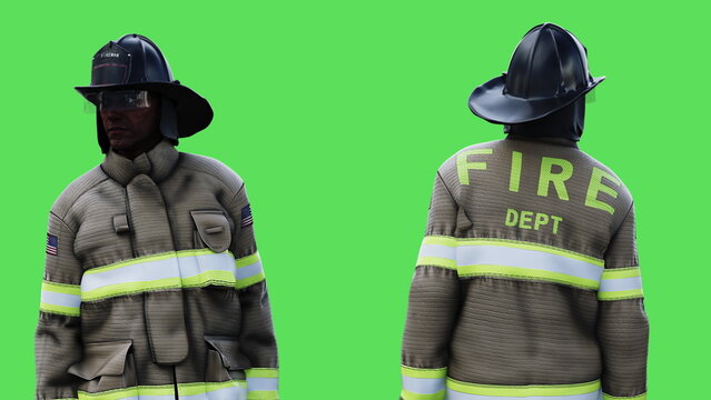 Fire fighter idle. Green screen isolate. 3d rendering.