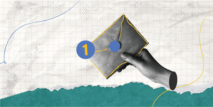 Collage Hand holding  msg box with Trendy Halftone  one notification. Online communication. Social media marketing. New message or letter in email.  Contemporary illustration 