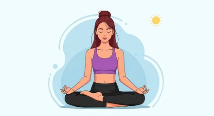 Obraz premium Woman meditating in lotus position with sun vector illustration