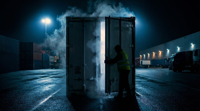 Worker opening refrigerated shipping container with cold vapor at night logistics terminal