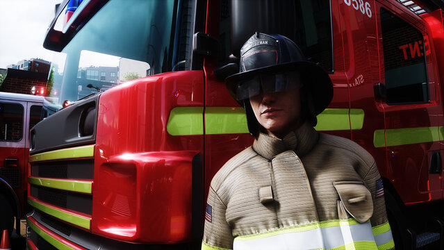 fire fighter and fire truck near the fire station. Fire department. 3d rendering.