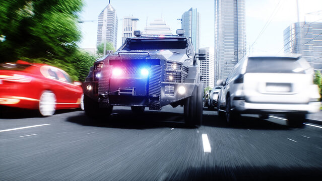An swat police driving fast on a city street. 3d rendering.