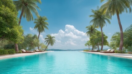 Obraz premium Serene Tropical Paradise with Infinity Pool, Lush Palm Trees, and Clear Sky on a Sunny Day