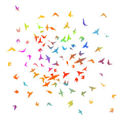 Flying colored birds silhouette flock. hand drawing. Not AI. Vector illustration