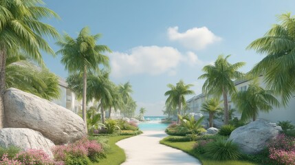 Fototapeta premium Scenic Coastal Pathway Surrounded by Lush Palm Trees and Tropical Flora Leading to a Serene Beach Destination