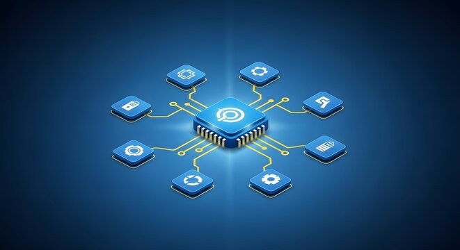 A glowing blue network of connected blocks on a dark blue background representing digital connections