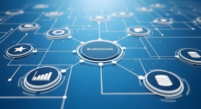 A futuristic network of interconnected icons on a blue gradient background representing technology and data
