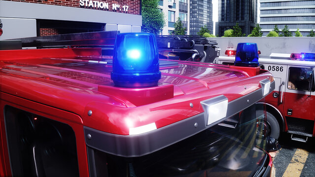 fire truck near the fire station. Fire department. 3d rendering.